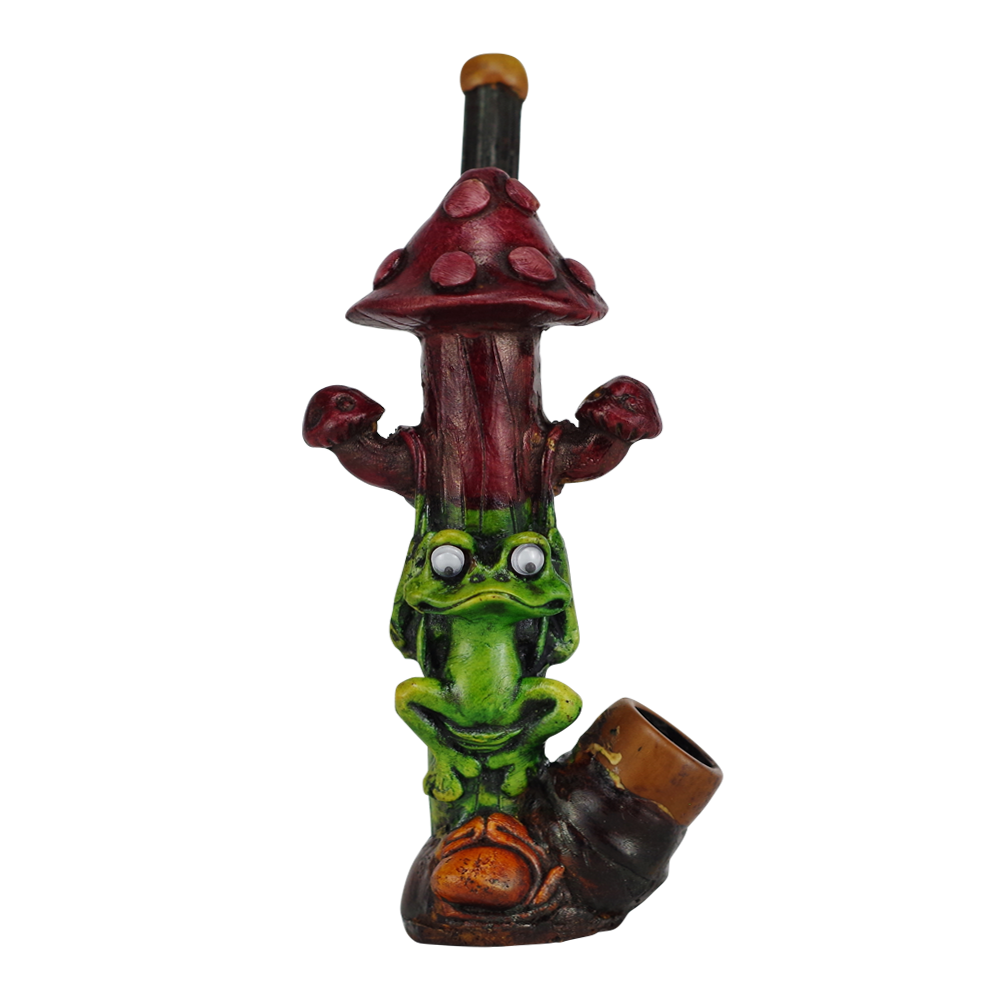 Wooden Hand Crafted Medium Hand Pipe 3 Shroom Frog
